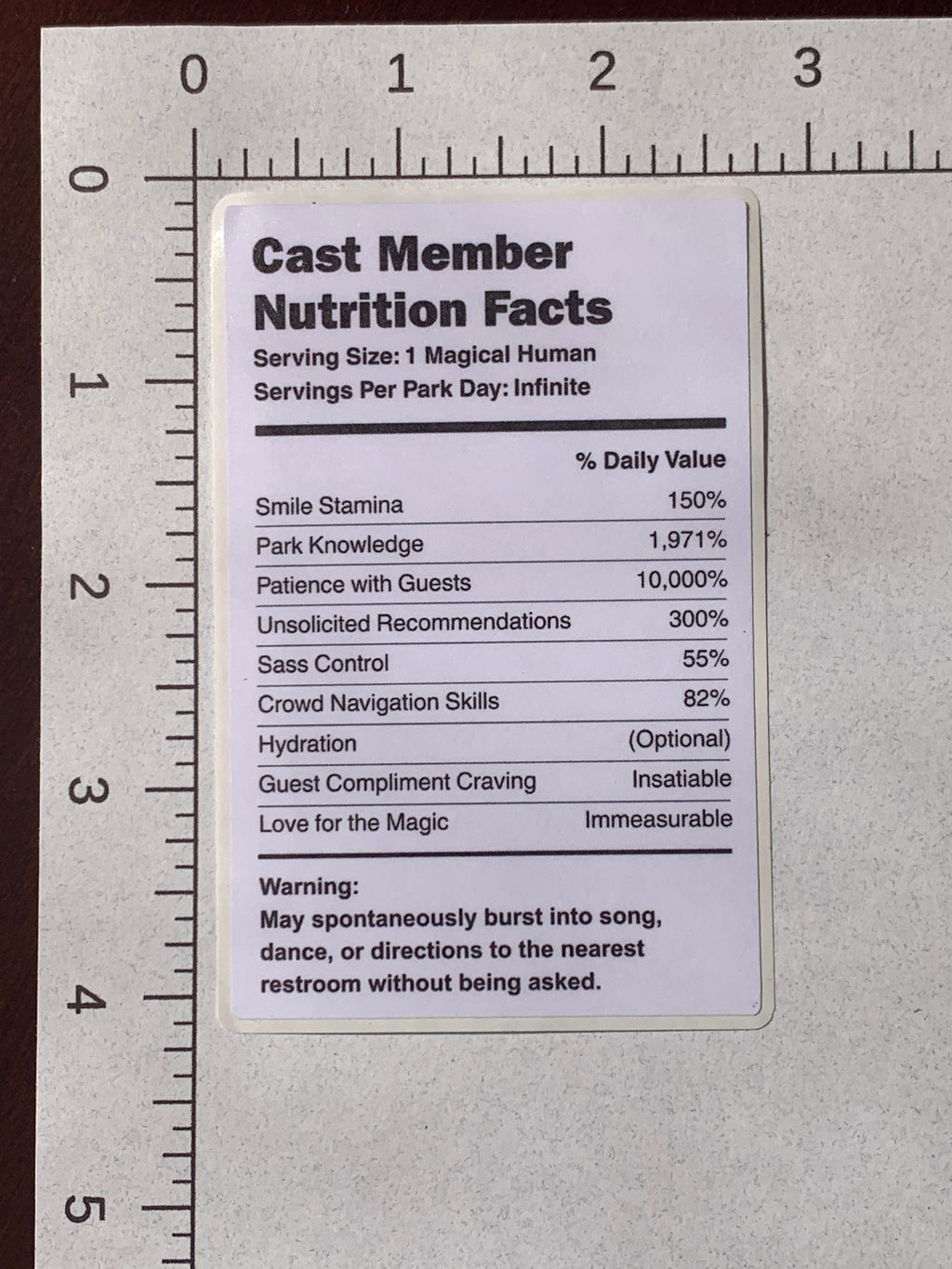 Cast Member Nutrition Facts Sticker