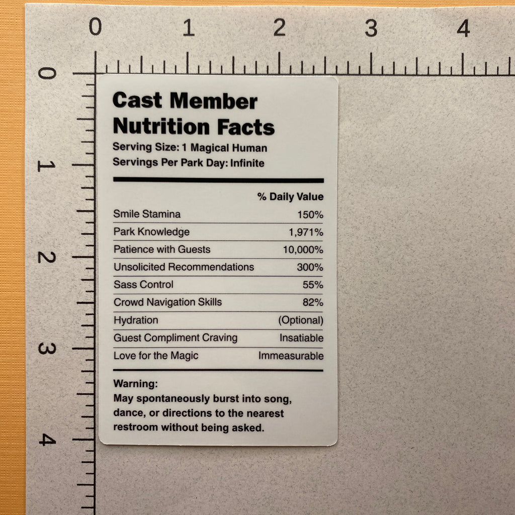 Cast Member Nutrition Facts Sticker